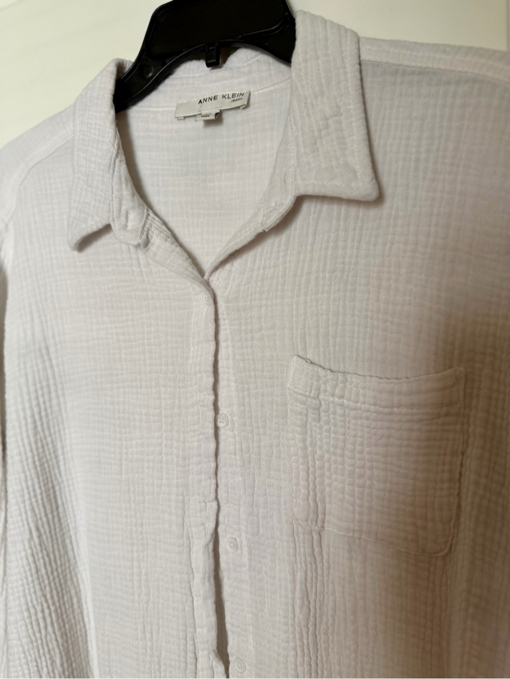Anne Klein Jeans White Gauze Button Front Shirt XL Textured Roll Tab Sleeve